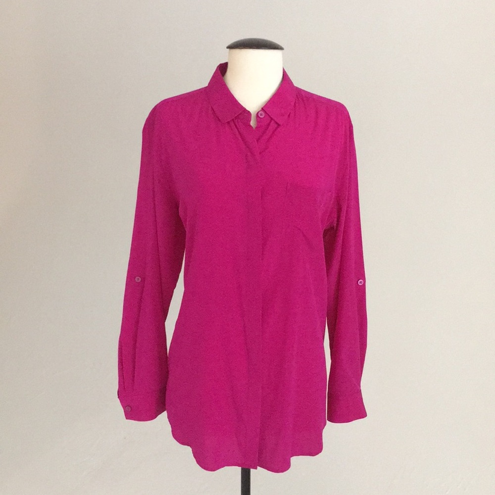 DKNY fuscia silk button down blouse, sz medium